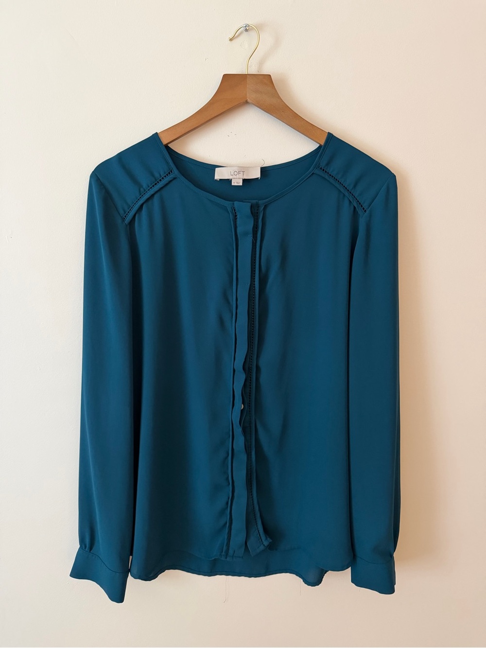 LOFT Teal Long-Sleeve Ruffle-Trim Blouse Medium EUC